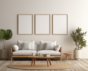 Scandinavian Style Furniture Room Mockup, Empty Poster Frame Mockup, 3D Render Interior Mockup
