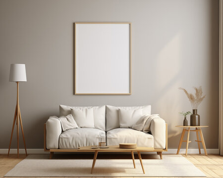Modern Style Furniture Room Mockup, Empty Poster Frame Mockup, 3D Render Interior Mockup © thecreativesupplies