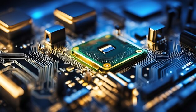 Modern microchip or circuit board manufacturing background close up view. Computer micro chip Macro Photography- Electronic Chip, Motherboard. cyberspace, big data, cyber, intelligence, binary concept