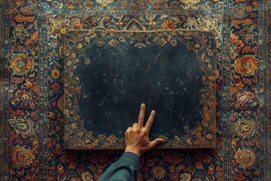 person hand pointing towards an empty chalkboard