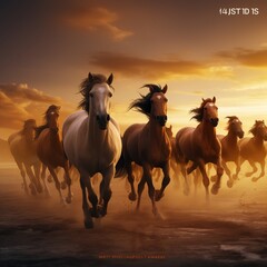 a majestic horse herd, bathed in the warm, golden hues of a sunset.