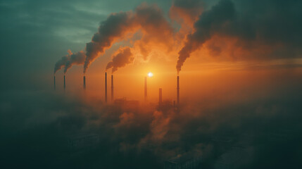 Pollution from industrial plants Smoke emissions cause carbon dioxide, global warming. - obrazy, fototapety, plakaty