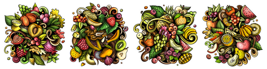 Fresh fruits cartoon vector doodle designs set