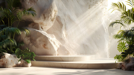 Obraz premium Podium minimal display fashion abstract luxury with plant, beauty shadow for banner mockup or showcase cosmetic wallpaper sale art.