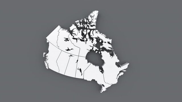 Animated map of Canada, white map on gray background.