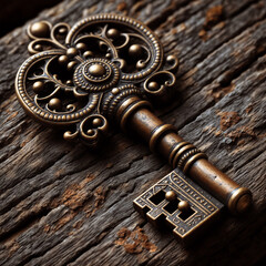 An old, ornate key is lying on a piece of wood. The key has a decorative top and a letter E on it.