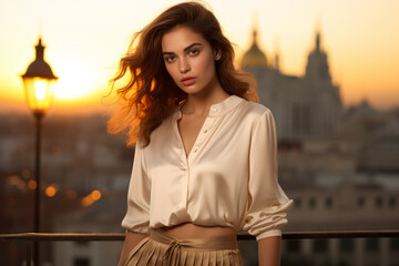 Fashion-forward woman in a shimmering gold-threaded top and chic ivory culottes, set against a lively city backdrop at sunset