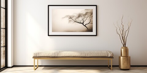 Black and white artist's apartment with a gold bench and framed art on a blank wall in a minimalist style.
