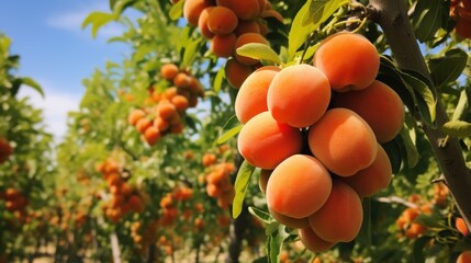 Close up of ripe and fresh apricotes on a branch in orchard banner	