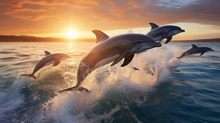 Foto op Aluminium photo of a dolphins, dolphins at sunset, dolphins in the sea, dolphin jumping into water, shark in the sea, shark in the ocean © Yasir