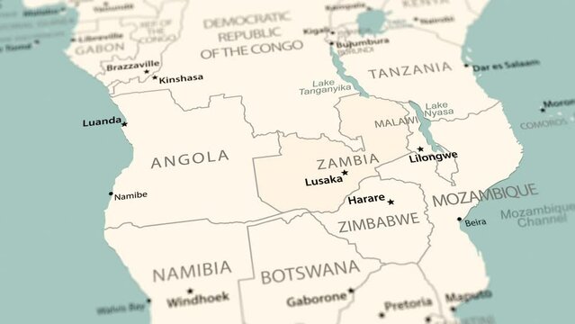 Zambia on the world map. Smooth map rotation. 4K animation.