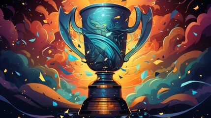 illustration of a championship cup, featuring symbolic elements, confetti, and the representation of a triumphant moment - obrazy, fototapety, plakaty