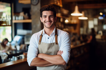 Fototapeta premium Smiling Barista in a Quaint Cafe: Welcoming Every Customer with a Warm and Friendly Greeting