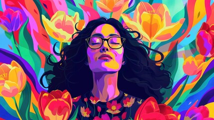 Colorful Pop art abstract illustration of a girl in the glasses meditating among tulips, retro style
