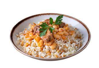 Traditional Turkish cuisine. Kuru Fasulye . Haricot Beans, rice and beans (Turkish name; pilav ustu kuru fasulye)