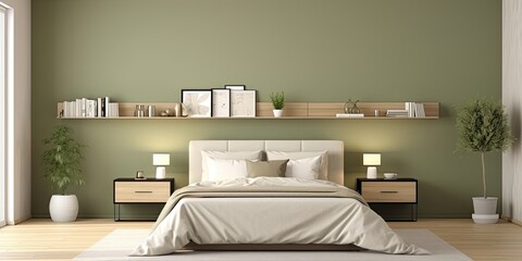 Beige and olive colored interior in a roomy bedroom.