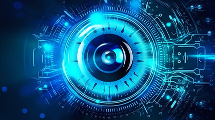 Obraz premium Futuristic Digital Eye InterfaceA digital eye concept with a high-tech interface, perfect for themes related to cybersecurity, surveillance, and advanced technology.