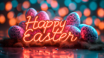 Happy Easter Neon lettering on bokeh background with easter eggs, 3D rendering
