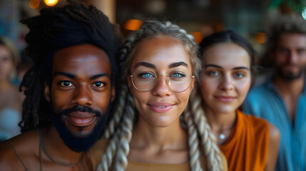 Obraz premium Portrait of happy multiethnic friends standing together at bar counter