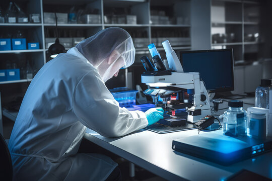 A professional forensic scientist engrossed in the analysis of crime evidence in a sophisticated state laboratory