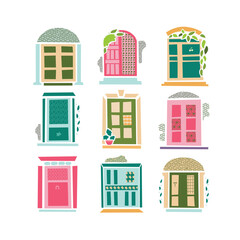 Fototapeta premium Collection of cartoony doors with floral elements.