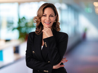 Executive blond haired businesswoman wearing black jacket and standing at the office