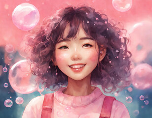 ピンクのシャボン玉背景、巻き毛と笑顔が素敵な女の子