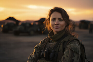 A Glimpse into the Life of a Female Military Trainer: A Sunset Portrait Amidst the Bustle of a Military Base