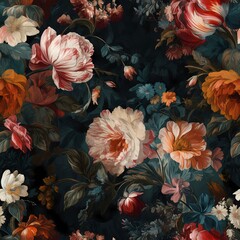classic floral illustration on dark background for fabric and wallpaper