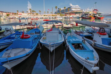Marina with fishing boats in the port of Kusadasi, T&uuml;rkiye