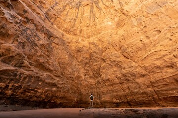 a man standing in the middle of a canyon
Amongst expansive red sands and spectacular sandstone rock...