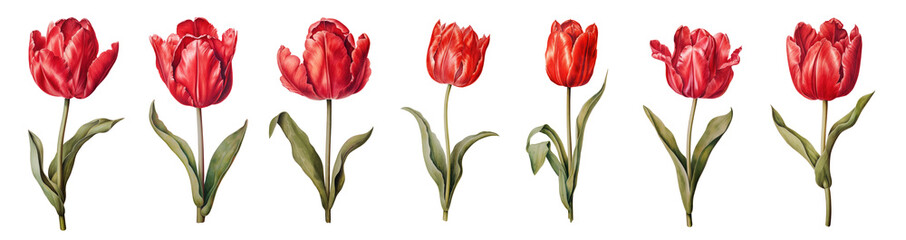 Tulips red watercolor on a white background. A set of garden flowers.
