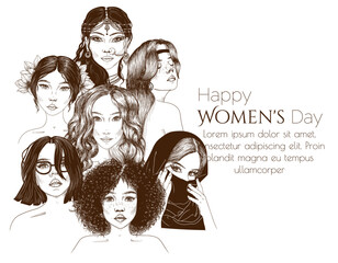 Vector illustration for International Women's Day. Set of 7 girls of different nationalities - obrazy, fototapety, plakaty