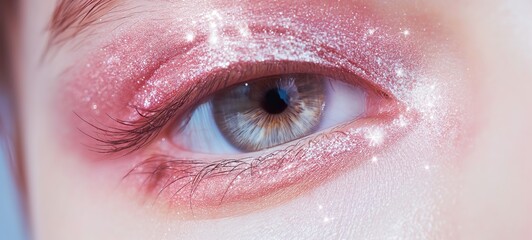 Fototapeta premium whimsical pretty woman eyes with glitter glow diamond dust make up, pink blue tone, naive look, Generative Ai