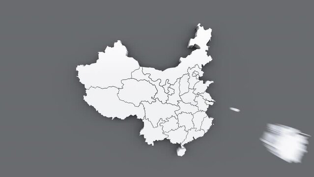 Animated map of China, white map on gray background.