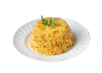 Traditional delicious Turkish food, bulgur pilaf with vermicelli (Turkish name; arpa sehriyeli bulgur pilavi)