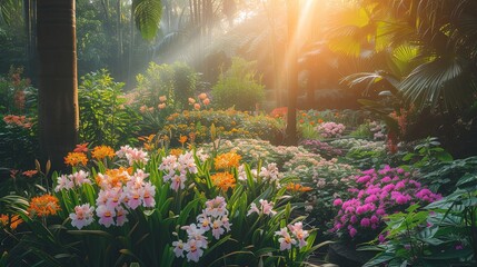 A panoramic view of a tropical botanical garden with a wide variety of flowers.  - obrazy, fototapety, plakaty