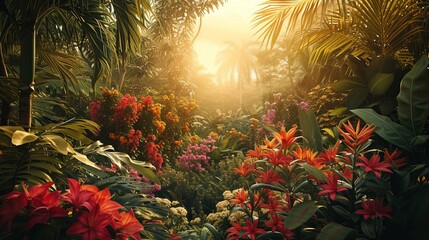 A panoramic view of a tropical botanical garden with a wide variety of flowers. 