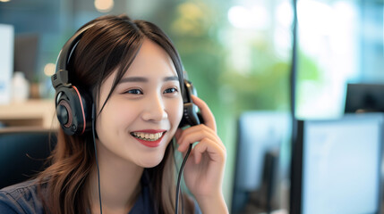 明るい笑顔で顧客サポートを提供する日本人女性オペレーター