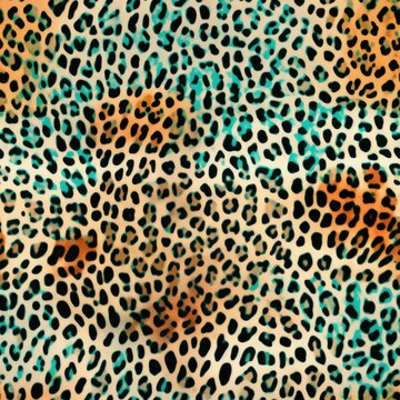 Vibrant Teal Leopard Pattern Texture. A colorful leopard print with a vivid teal backdrop and black spots.