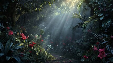 An artistic interpretation of a jungle scene, focusing on the interplay of light and shadow among the dense foliage and vibrant flowers. 