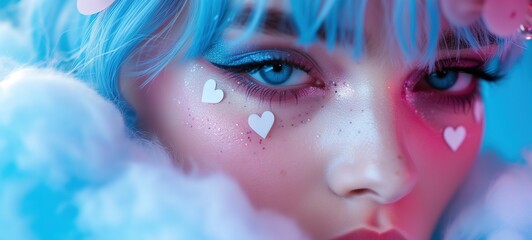 whimsical closeup face and eyes of pretty woman with heart sticker and  glitter glow diamond dust make up, pink blue tone,  naive  look, Generative Ai