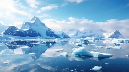 Arctic Landscape: Blue Ice Mountains and Glacier Reflections in Winter. Crystal Clear Water