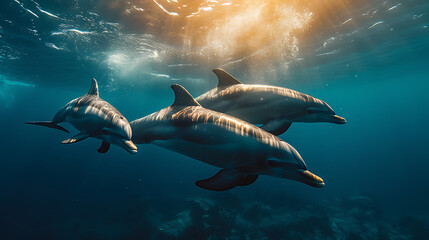 group of dolphins in underwater with the sunlight penetration