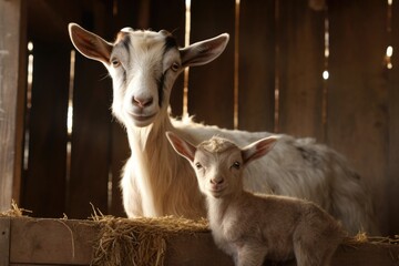 Mother Goat and Baby Brown Goats in a Rustic Barn Setting on a Farm