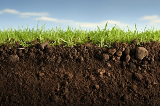 Lush Green Grass and Soil Section with Natural Sky Background - Closeup of Dirty Soil and Fresh