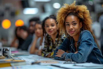 Confident young woman with colleagues in a creative office
