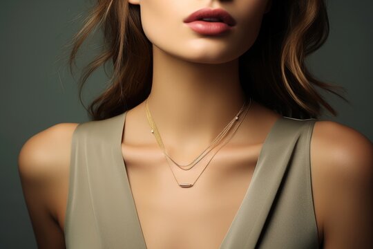 Golden Luxury: Beautiful Shiny Jewellery on Model's Neck and Hand. Portrait of a Girl Wearing