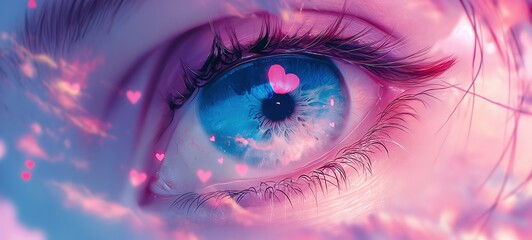 painting style illustration closeup whimsical pretty woman eyes with pink heart flicker on eye glitter glow diamond dust make up, pink blue tone, naive look, Generative Ai