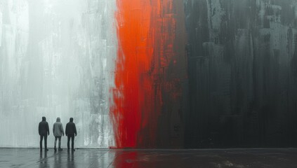 Two people observing a large abstract painting with red accent